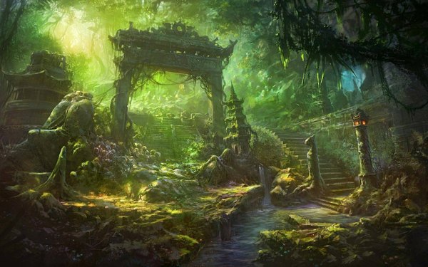 Anime picture 1280x800 with original tagme (artist) wide image sunlight no people landscape river ruins green background waterfall gate plant (plants) tree (trees) water forest lantern stairs pillar arch jungle
