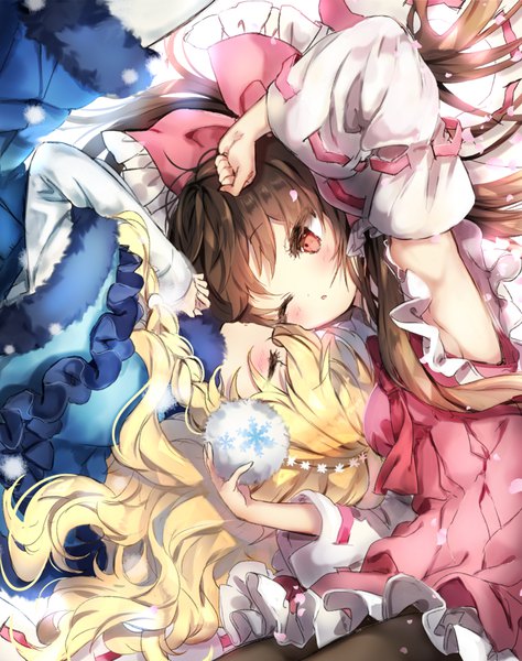 Anime picture 707x894 with touhou hakurei reimu kirisame marisa piyokichi long hair tall image blush fringe open mouth blonde hair hair between eyes red eyes brown hair multiple girls lying braid (braids) eyes closed profile one eye closed arm up