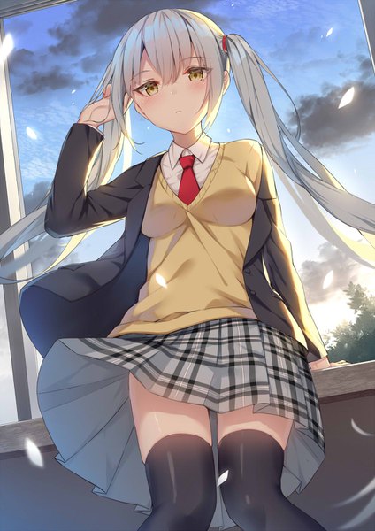 Anime picture 1060x1500 with original moe2019 alexmaster single long hair tall image looking at viewer blush fringe hair between eyes standing twintails yellow eyes payot sky silver hair cloud (clouds) pleated skirt wind off shoulder