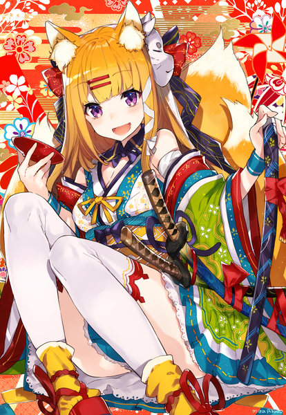 Anime picture 930x1348 with original mika pikazo single long hair tall image looking at viewer blush fringe open mouth light erotic blonde hair smile sitting purple eyes bare shoulders holding signed animal ears full body bent knee (knees)