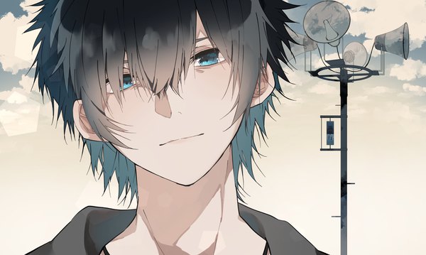 Anime-Bild 3907x2344 mit original yukishima bema single looking at viewer fringe highres short hair blue eyes black hair hair between eyes wide image absurdres sky cloud (clouds) head tilt light smile hair over one eye portrait gradient hair boy