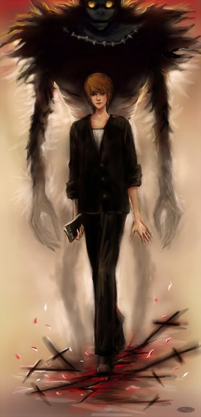 Anime picture 1900x3928 with death note madhouse yagami light ryuk dziu09 tall image looking at viewer highres short hair brown hair standing brown eyes yellow eyes boy notebook