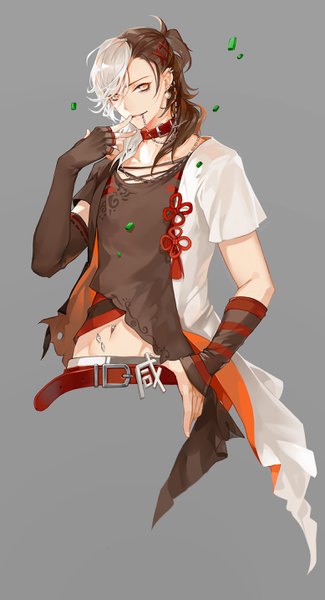 Anime picture 1554x2867 with gourmet kizuna xian douhua luo kong single long hair tall image looking at viewer fringe simple background brown hair yellow eyes upper body white hair multicolored hair light smile hair over one eye grey background two-tone hair hand on hip piercing