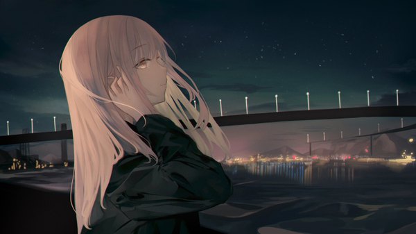 Anime picture 5760x3240 with original neiless neiro single long hair looking at viewer fringe highres brown hair wide image brown eyes absurdres upper body outdoors long sleeves profile arm up night night sky adjusting hair mountain