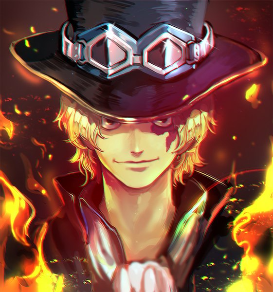 Anime picture 760x812 with one piece toei animation sabo (one piece) ruck single tall image looking at viewer short hair blonde hair simple background smile upper body black eyes portrait dark background scar boy hat fire goggles