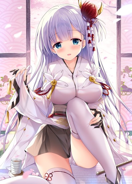 Anime picture 1000x1399 with azur lane shoukaku (azur lane) sousouman single long hair tall image looking at viewer blush fringe breasts open mouth blue eyes light erotic large breasts sitting holding silver hair bent knee (knees) indoors traditional clothes