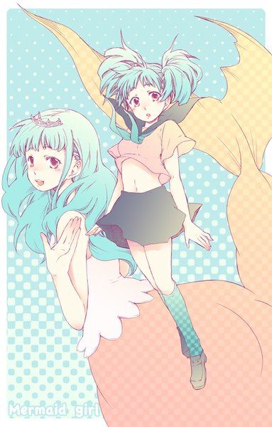 Anime picture 544x851 with beatmania beatmania iidx chiruchiro long hair tall image looking at viewer blush open mouth red eyes twintails bare shoulders aqua hair bare belly dual persona waving girl skirt navel shoes tiara
