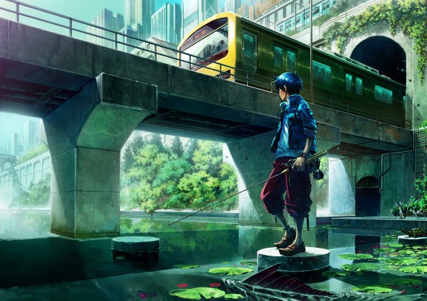 Anime picture 1200x848 with original oropi (artist) single short hair blue hair full body looking back mouth hold fishing boy plant (plants) animal water jacket insect building (buildings) butterfly cat clock fish (fishes)