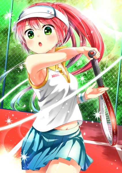 Anime picture 2480x3508 with original moe2017 nora wanko single long hair tall image blush fringe highres open mouth hair between eyes holding green eyes payot looking away ponytail red hair pleated skirt :o sparkle