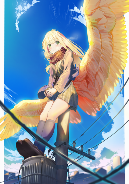 Anime picture 885x1254 with original poligon (046) single long hair tall image looking at viewer blush fringe blonde hair sitting holding green eyes signed sky cloud (clouds) full body outdoors blunt bangs long sleeves parted lips
