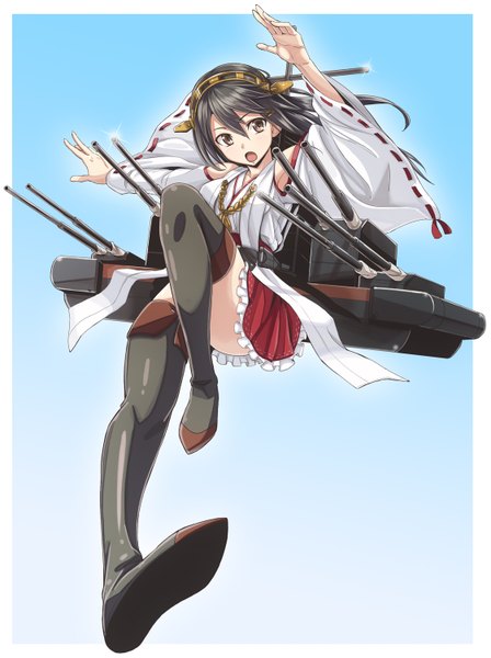 Anime picture 1121x1500 with kantai collection kongou battleship dan (orange train) single long hair tall image looking at viewer blush open mouth black hair brown eyes full body legs nontraditional miko girl weapon detached sleeves hairband thigh boots