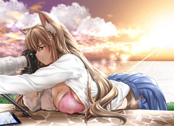 Anime picture 2200x1596 with original tomoya kankurou single long hair blush fringe highres breasts light erotic hair between eyes brown hair large breasts standing holding animal ears looking away sky cloud (clouds) ass outdoors