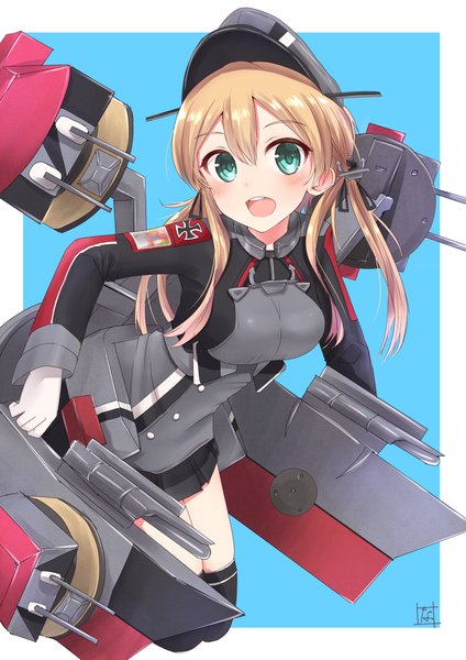 Anime picture 800x1131 with kantai collection prinz eugen (kantai collection) nayuhi (yukimuu14) single long hair tall image blush fringe open mouth simple background blonde hair hair between eyes twintails green eyes zettai ryouiki blue background framed girl thighhighs gloves