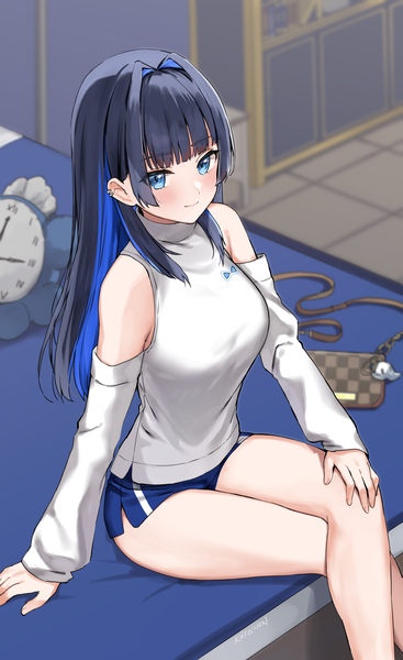 Anime picture 2888x4725 with virtual youtuber hololive hololive english ouro kronii ouro kronii (casual) boros (ouro kronii) kronie (ouro kronii) ouro kronii (3rd costume) kaetzchen single long hair tall image looking at viewer blush fringe highres blue eyes black hair sitting bare shoulders