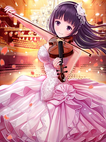 Anime picture 600x800 with original dorakyura single long hair tall image looking at viewer breasts smile large breasts standing purple eyes bare shoulders holding purple hair indoors shadow floral print light playing instrument game