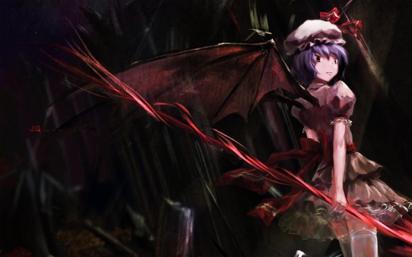 Anime picture 1920x1200 with touhou remilia scarlet jq single highres short hair light erotic red eyes wide image purple hair ass looking back bat wings vampire girl thighhighs dress weapon hat polearm