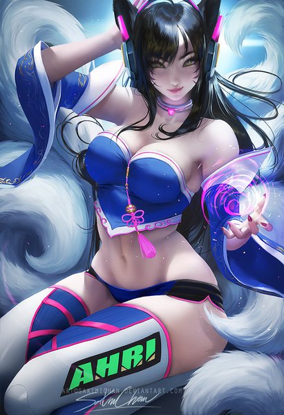 Anime picture 685x1000 with league of legends ahri (league of legends) sakimichan long hair tall image looking at viewer fringe breasts light erotic black hair hair between eyes large breasts sitting bare shoulders animal ears yellow eyes cleavage bent knee (knees) tail nail polish