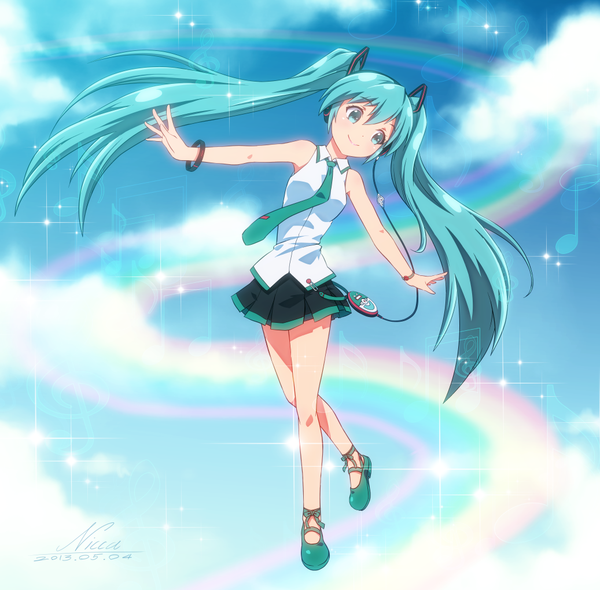 Anime picture 1037x1020 with vocaloid hatsune miku nicca (kid nicca) single twintails cloud (clouds) very long hair aqua eyes aqua hair girl skirt miniskirt necktie bracelet headphones rainbow