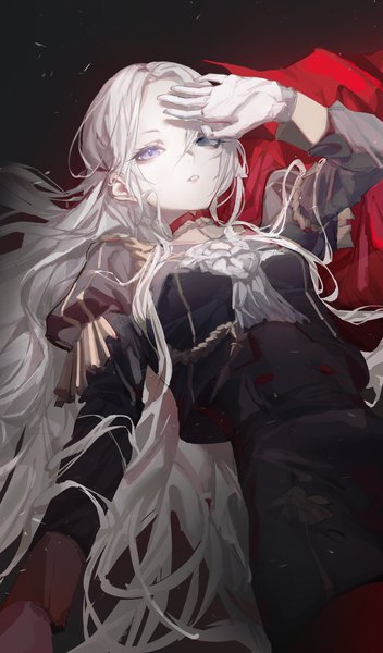 Anime picture 1200x2048 with fire emblem fire emblem: three houses nintendo edelgard von hresvelg suimin (sui 0y0) single long hair tall image looking at viewer purple eyes white hair lying long sleeves arm up on back girl gloves uniform white gloves military uniform