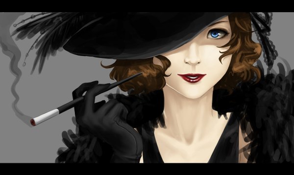 Anime picture 1201x717 with original ru3na single short hair open mouth blue eyes simple background brown hair wide image grey background lipstick smoke smoking hat over eyes girl gloves hat feather (feathers) lace cigarette