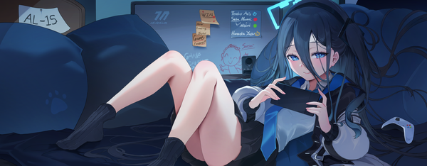 Anime picture 2900x1131 with blue archive aris (blue archive) sensei (blue archive) doodle sensei (blue archive) zerocat single long hair looking at viewer blush fringe highres blue eyes light erotic black hair hair between eyes wide image holding full body bent knee (knees) ass