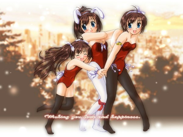 Anime picture 1024x768 with nylon long hair blue eyes brown hair twintails multiple girls animal ears eyes closed bunny ears soles girl thighhighs pantyhose 3 girls bunnysuit