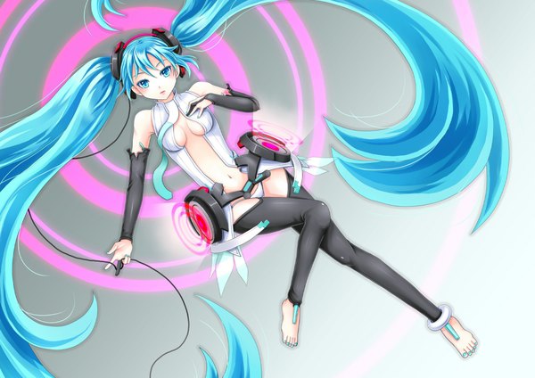 Anime picture 2000x1415 with vocaloid vocaloid append hatsune miku hatsune miku (append) highres blue eyes light erotic blue hair no shoes girl headphones