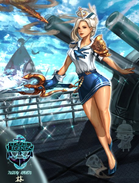 Anime picture 2500x3288 with league of legends riven (league of legends) supullim single tall image highres short hair brown eyes lips grey hair legs girl skirt uniform weapon earrings sword shoes armor spaulder (spaulders)