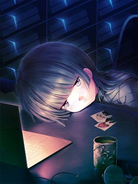 Anime picture 750x1000 with original aruciii single long hair tall image looking at viewer black hair black eyes girl cup laptop