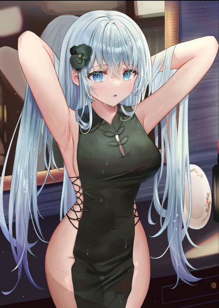 Anime picture 912x1280 with original arme (cgsy7484) single long hair tall image looking at viewer blush fringe breasts open mouth blue eyes light erotic hair between eyes large breasts standing payot silver hair hair flower arms up :o