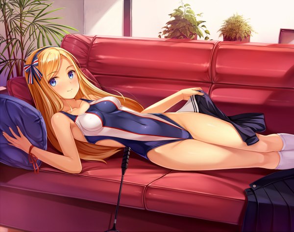 Anime picture 1550x1225 with original yokaze japan single long hair looking at viewer blush breasts blue eyes light erotic blonde hair lying girl swimsuit socks hairband pillow white socks one-piece swimsuit couch competition swimsuit