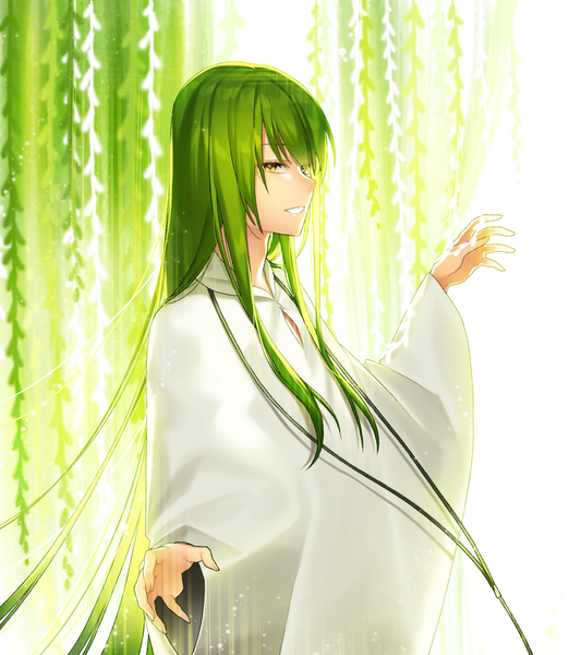 Anime picture 1600x1800 with fate (series) fate/strange fake enkidu (fate) ia (ias1010) single long hair tall image fringe smile green eyes upper body parted lips profile green hair outstretched arm boy plant (plants)