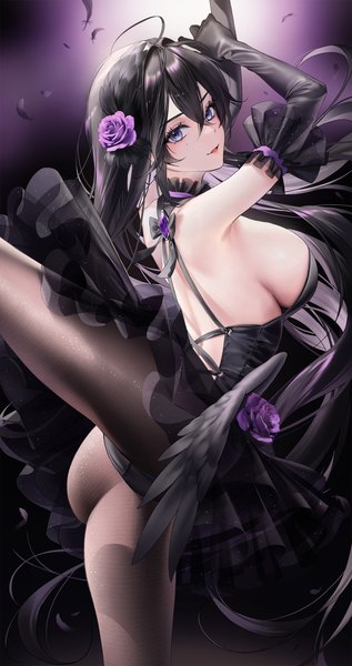 Anime picture 1322x2500 with goddess of victory: nikke harran (nikke) yoyayogurt single tall image looking at viewer fringe breasts open mouth blue eyes light erotic black hair simple background hair between eyes large breasts ahoge ass very long hair hair flower mole