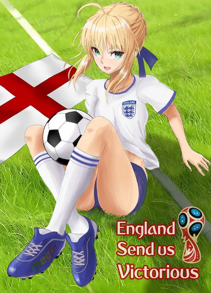 Anime picture 818x1133 with fate (series) fate/stay night world cup 2018 fifa world cup artoria pendragon (all) saber yangq07 single tall image looking at viewer fringe short hair breasts open mouth light erotic blonde hair hair between eyes sitting ahoge braid (braids)