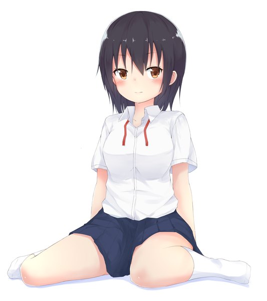 Anime picture 1344x1512 with original ray-en single tall image looking at viewer blush short hair black hair simple background white background sitting brown eyes full body wariza girl skirt uniform school uniform shirt socks