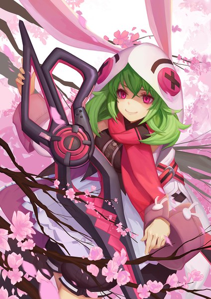 Anime-Bild 900x1273 mit forever 7th capital eiruby (forever 7th capital) youxuemingdie single tall image fringe short hair smile hair between eyes holding looking away pink eyes green hair wide sleeves cherry blossoms shaded face animal hood girl flower (flowers) weapon
