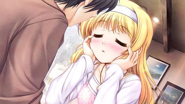 Anime picture 1280x720 with daitoshokan no hitsujikai kakei kyoutarou suzuki kana bekkankou long hair blush black hair blonde hair wide image game cg eyes closed couple girl boy hairband