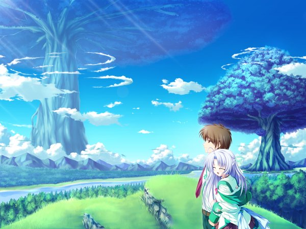 Anime picture 3600x2700 with magus tale whirlpool (studio) alicia infans amagase daiki tenmaso long hair blush highres short hair open mouth smile brown hair brown eyes game cg sky purple hair cloud (clouds) ahoge eyes closed profile
