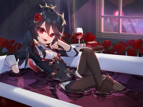 Anime picture 4000x3000 with honkai impact 3rd honkai (series) fu hua wucanming single long hair looking at viewer fringe highres open mouth black hair hair between eyes red eyes absurdres hair flower fang (fangs) partially submerged soles hand on cheek red moon