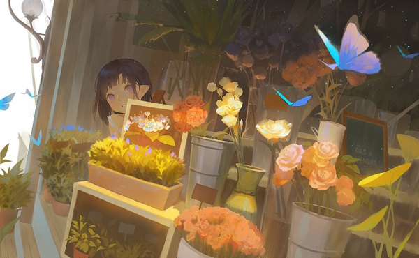 Anime picture 1440x889 with original echosdoodle single looking at viewer fringe short hair black hair wide image purple eyes parted lips head tilt pointy ears sparkle girl flower (flowers) plant (plants) rose (roses) potted plant white rose vase