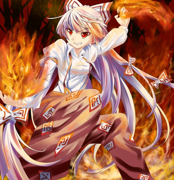 Anime picture 1000x1033 with touhou fujiwara no mokou makai no juumin single long hair tall image fringe smile red eyes looking away very long hair grin girl hair ornament bow hair bow tree (trees) fire forest suspenders