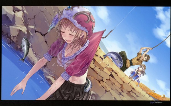 Anime picture 2560x1600 with atelier (series) gust (company) totooria helmold rororina fryxell kishida mel long hair blush highres short hair open mouth blonde hair brown hair wide image multiple girls game cg eyes closed wet girl boy 2 girls