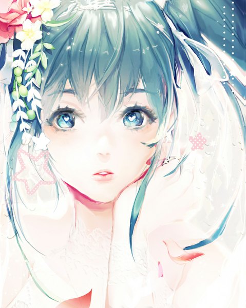 Anime picture 787x986 with vocaloid hatsune miku gio (maroon0924) single long hair tall image blush fringe open mouth blue eyes twintails parted lips hair flower aqua hair symbol-shaped pupils close-up girl hair ornament flower (flowers) heart