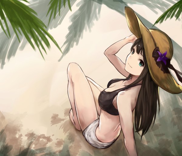 Anime picture 1780x1524 with idolmaster idolmaster cinderella girls shibuya rin yashigaras single long hair looking at viewer fringe highres breasts blue eyes smile brown hair large breasts sitting bare shoulders bent knee (knees) looking back barefoot bare belly