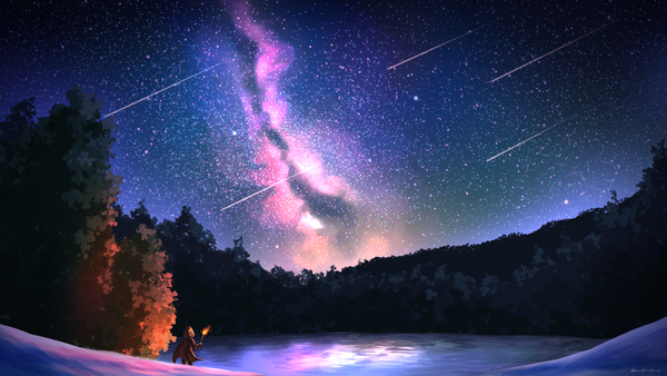 Anime picture 4800x2700 with original superciderx highres wide image standing signed absurdres full body outdoors night night sky twitter username shooting star lake milky way ambiguous gender meteor rain plant (plants) tree (trees) star (stars)