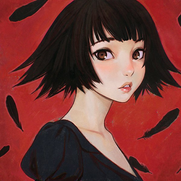 Anime picture 900x900 with yesterday wo utatte nonaka haru ilya kuvshinov single looking at viewer fringe short hair black hair simple background brown eyes parted lips lips red background girl feather (feathers)