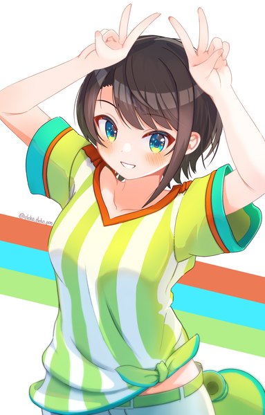 Anime picture 2535x3968 with virtual youtuber hololive oozora subaru oozora subaru (1st costume) banana de ikopon single tall image blush highres short hair blue eyes smile brown hair signed looking away upper body arms up twitter username grin victory