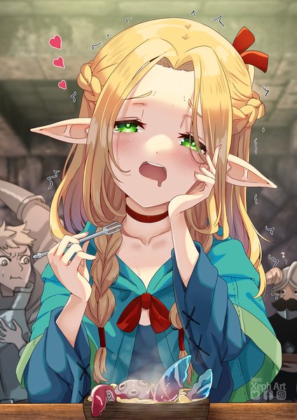 Anime-Bild 1202x1700 mit dungeon meshi studio trigger marcille donato laios touden senshi (dungeon meshi) xephonia long hair tall image looking at viewer blush blonde hair green eyes upper body head tilt pointy ears multiple boys solo focus saliva head rest trembling