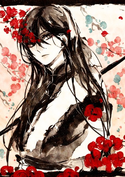 Anime picture 744x1052 with original mii (chibinomi) single long hair tall image fringe black hair hair between eyes looking away upper body traditional clothes black eyes chinese clothes boy flower (flowers) branch