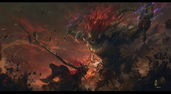 Anime picture 1920x1060 with elden ring malenia blade of miquella starscourge radahn yihua ran (ryh1992) long hair highres wide image holding signed outdoors red hair horn (horns) outstretched arm letterboxed siblings dual wielding battle brother and sister giant 2024